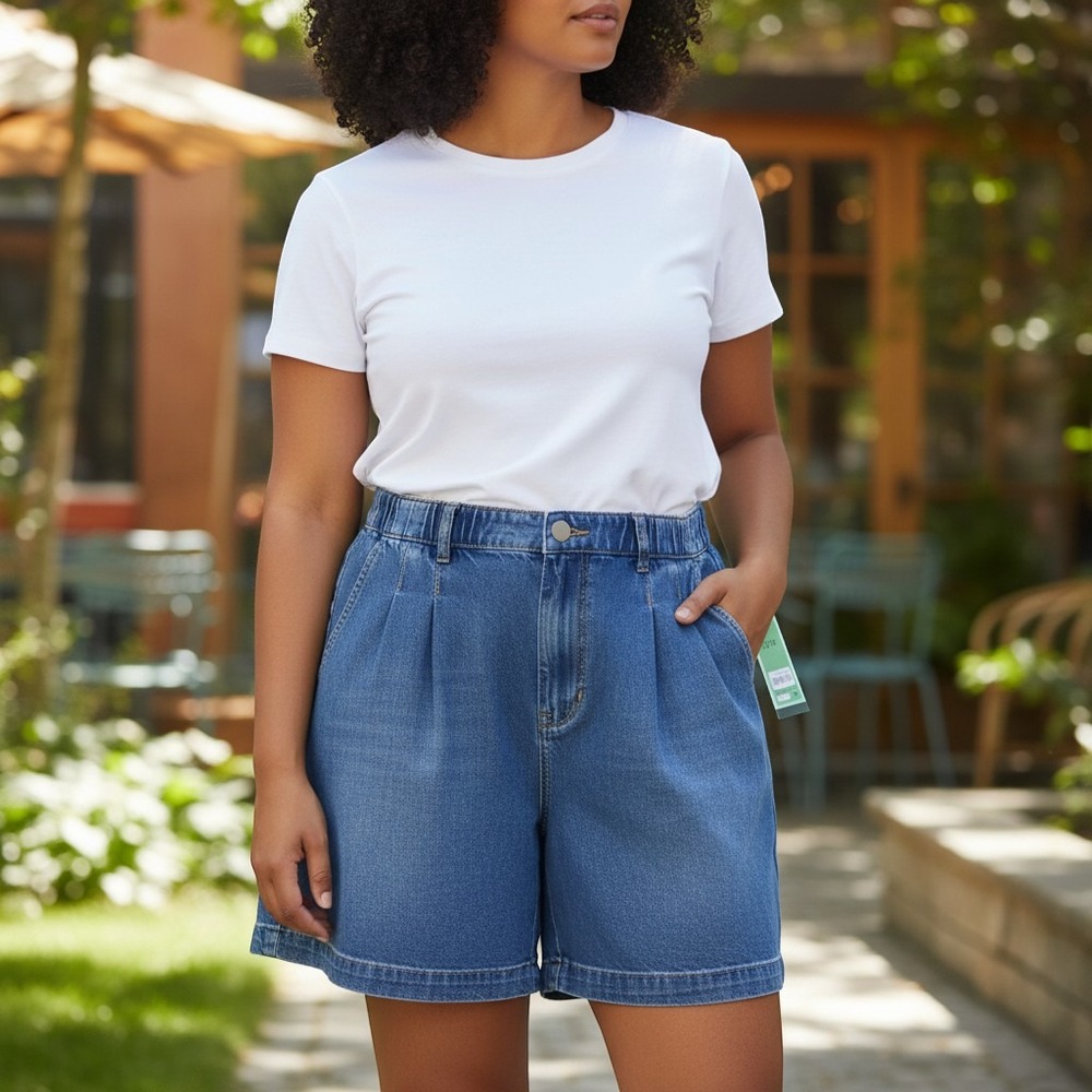 Terra & Sky Drapey Shorts 22W Lucy Wash New Blue Denim Cotton Lyocell Pleated